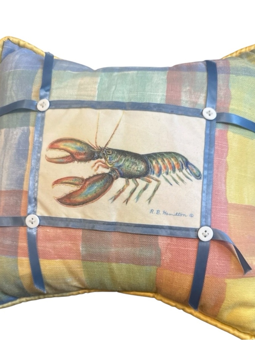 Betsy Drake Lobster Plaid Accent Pillow in Yellow & Blue